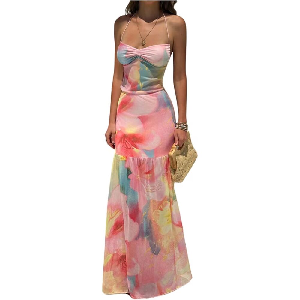 Pink Floral Mesh Halter Maxi Dress Boho Backless Vacation Sundress